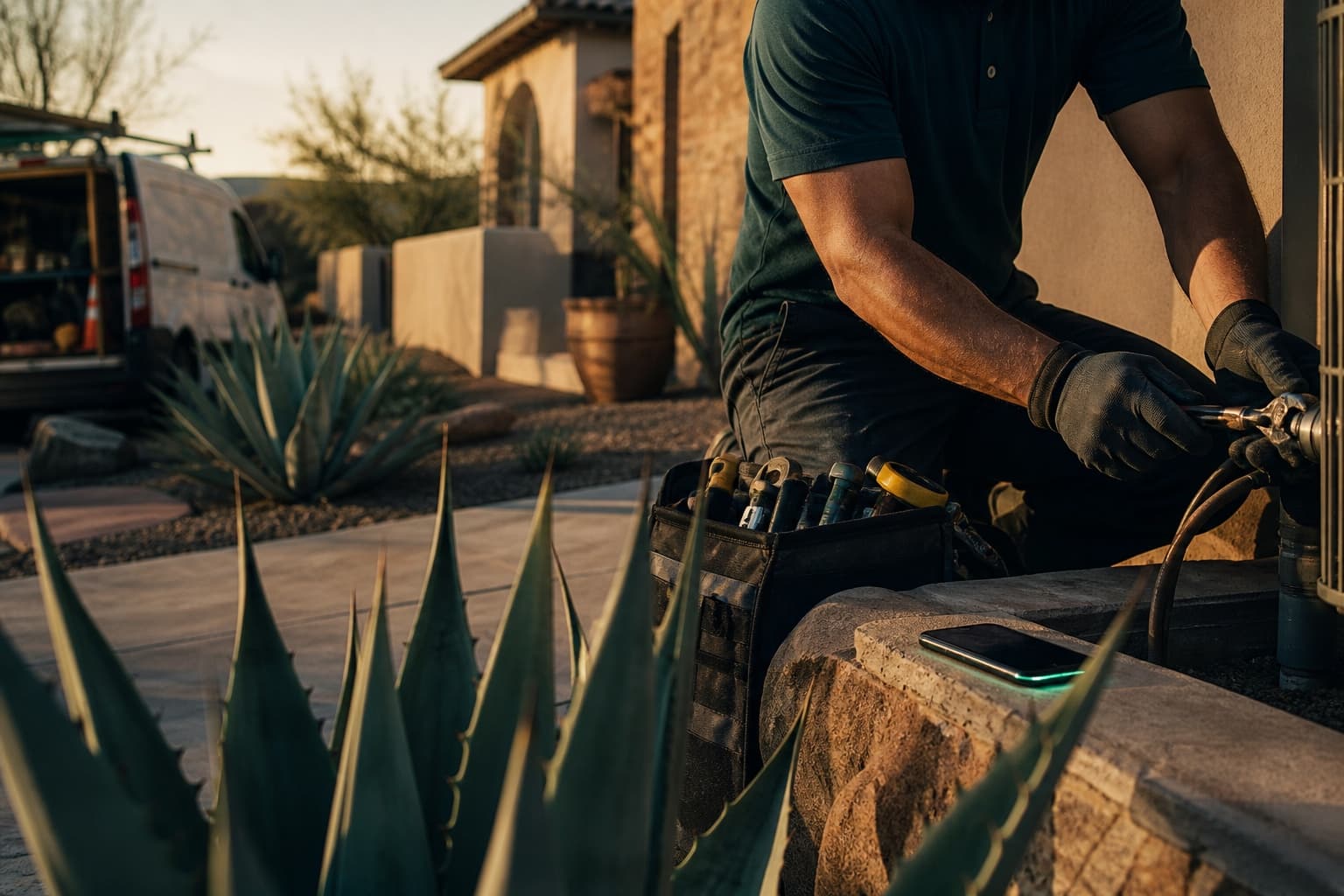 Illustration of a home service technician working outside a desert home at golden hour while a phone lights up unanswered on the wall beside them.