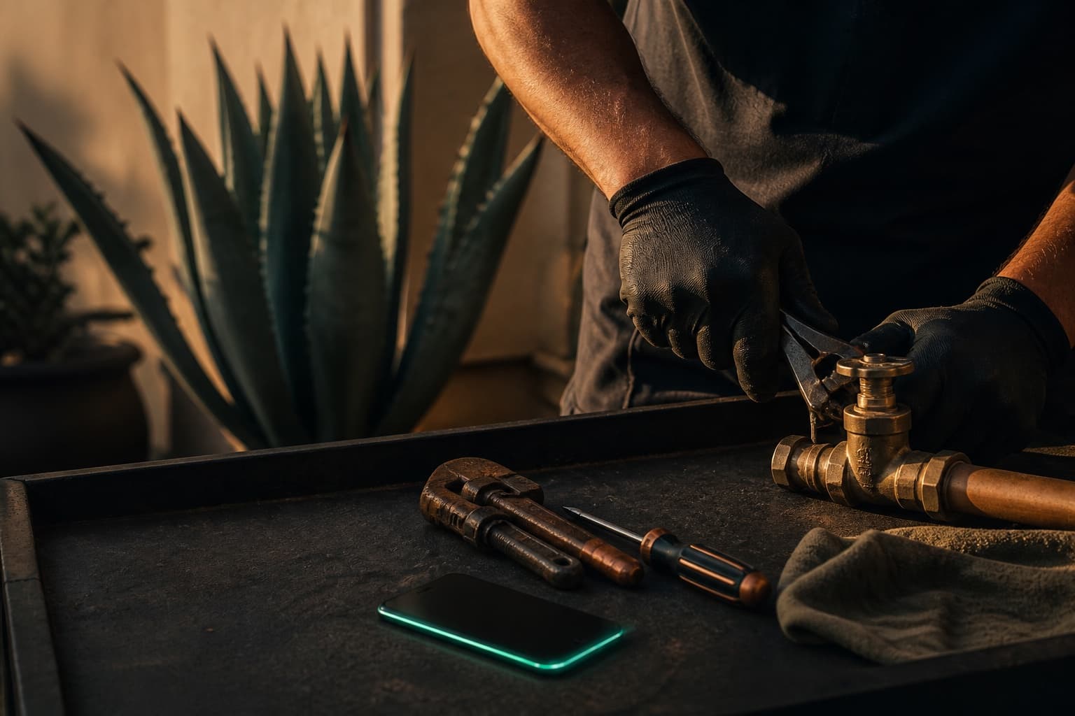 Illustration of gloved hands fitting a brass valve while a phone glows unnoticed on the workbench tray.