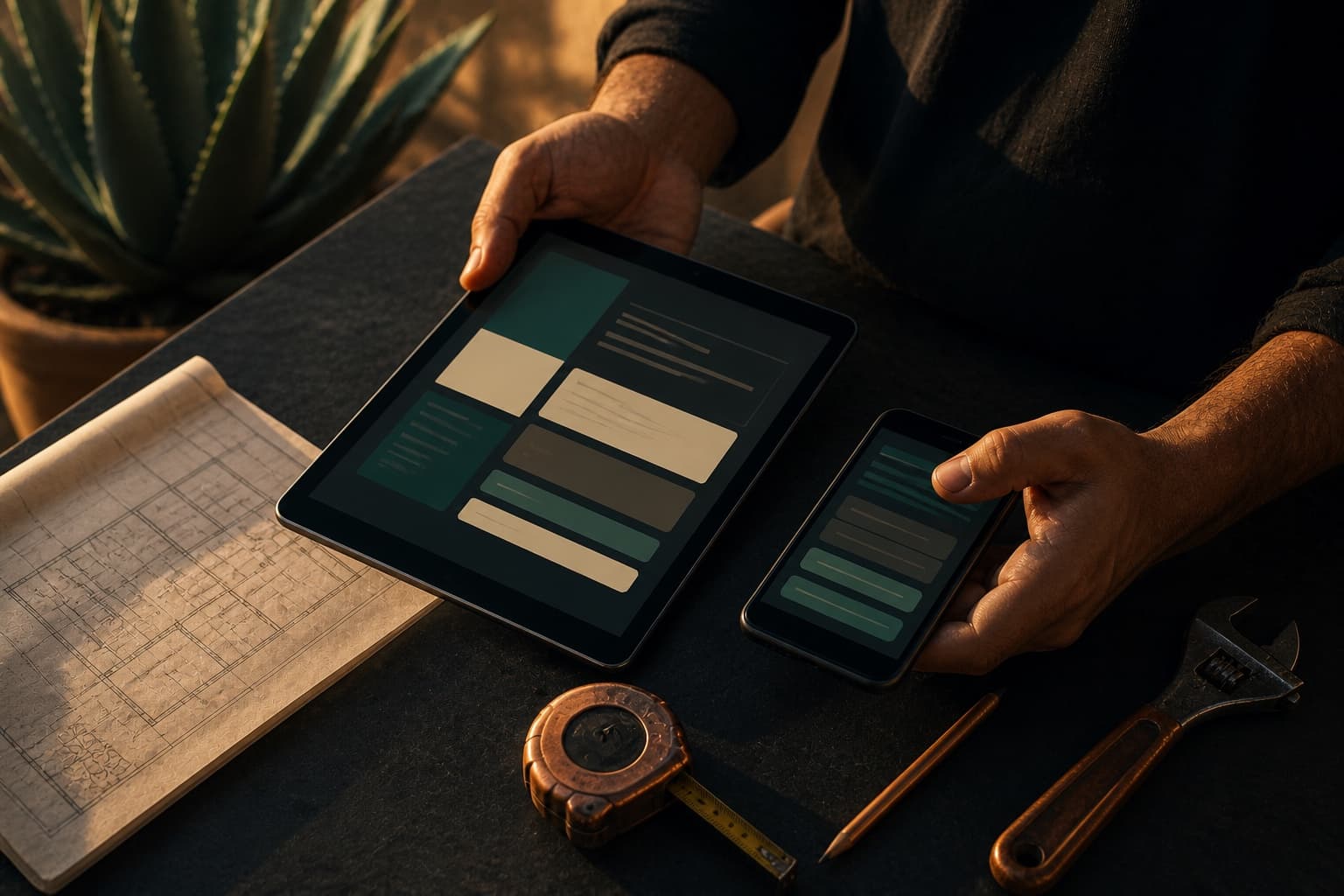 Illustration of a tablet and phone showing a lead-handling interface, resting on a workbench beside drawings and hand tools.