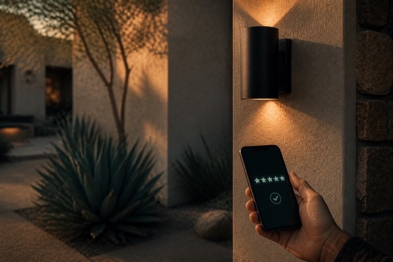 Illustration of a hand holding a phone showing a submitted review confirmation, outside a desert home at dusk.
